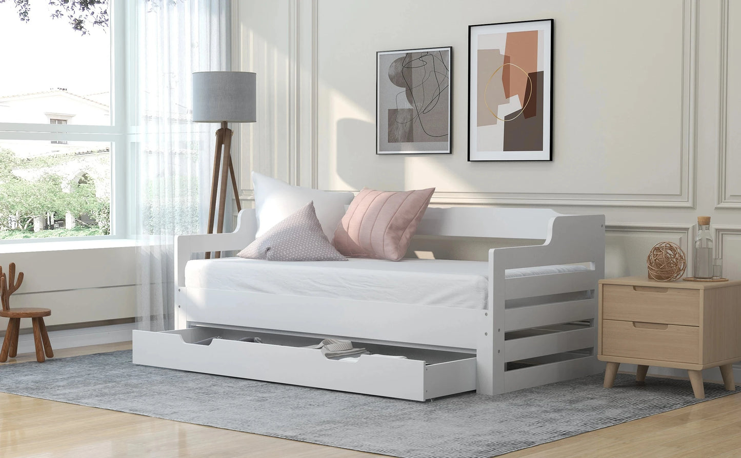 PureNest™ Single Guest Sofa Bed with Pull-Out Trundle (3FT / 90 × 190 cm) – White Manwatstore