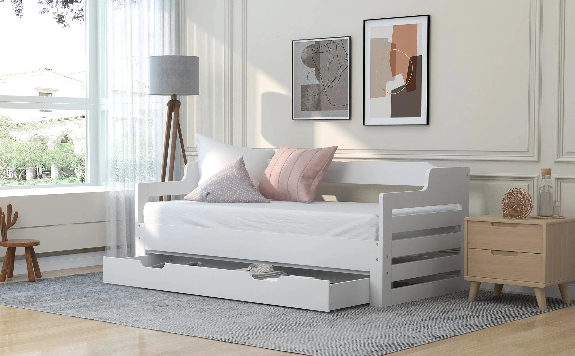 PureNest™ Single Guest Sofa Bed with Pull-Out Trundle (3FT / 90 × 190 cm) – White Manwatstore