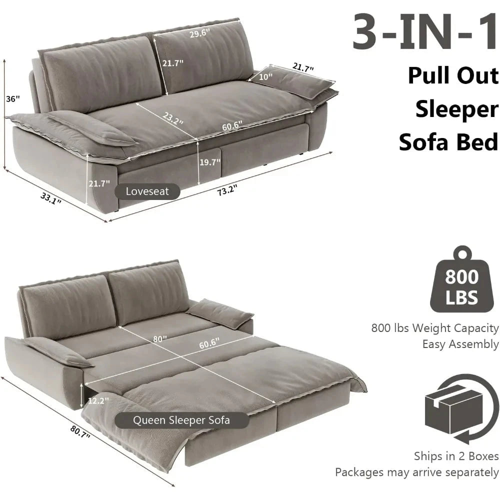 Queen Size Sleeper Sofa Bed 73.2" | 3-in-1 Velvet Pull-Out Convertible Couch Manwatstore
