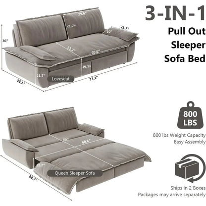 Queen Size Sleeper Sofa Bed 73.2" | 3-in-1 Velvet Pull-Out Convertible Couch Manwatstore