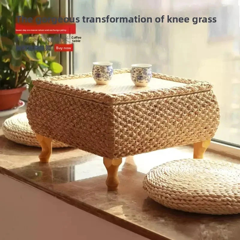 Rattan Floor Tea Table Tatami Style Minimalist Coffee Table for Balcony Low Bedside Small Space Window Area Use Manwatstore