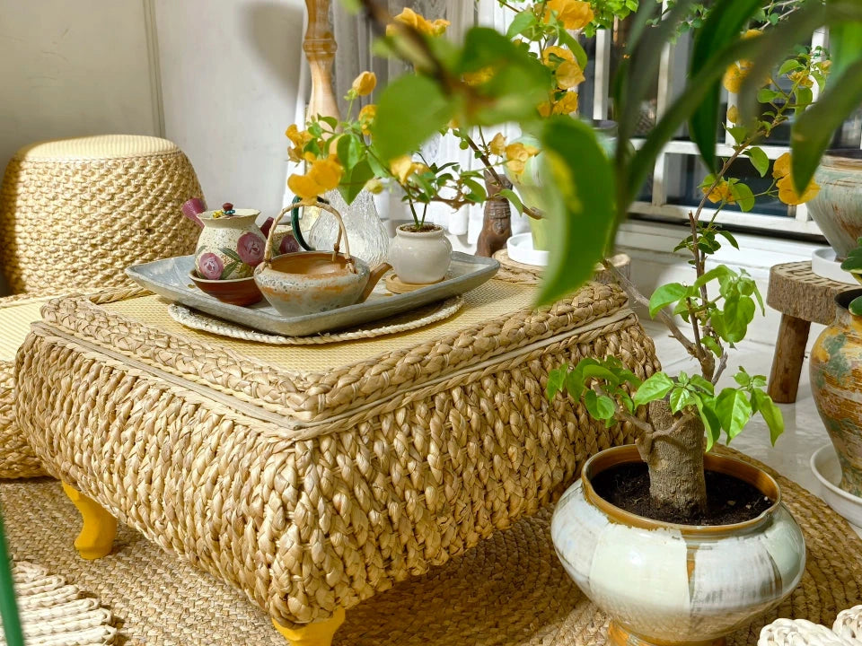 Rattan Floor Tea Table Tatami Style Minimalist Coffee Table for Balcony Low Bedside Small Space Window Area Use Manwatstore