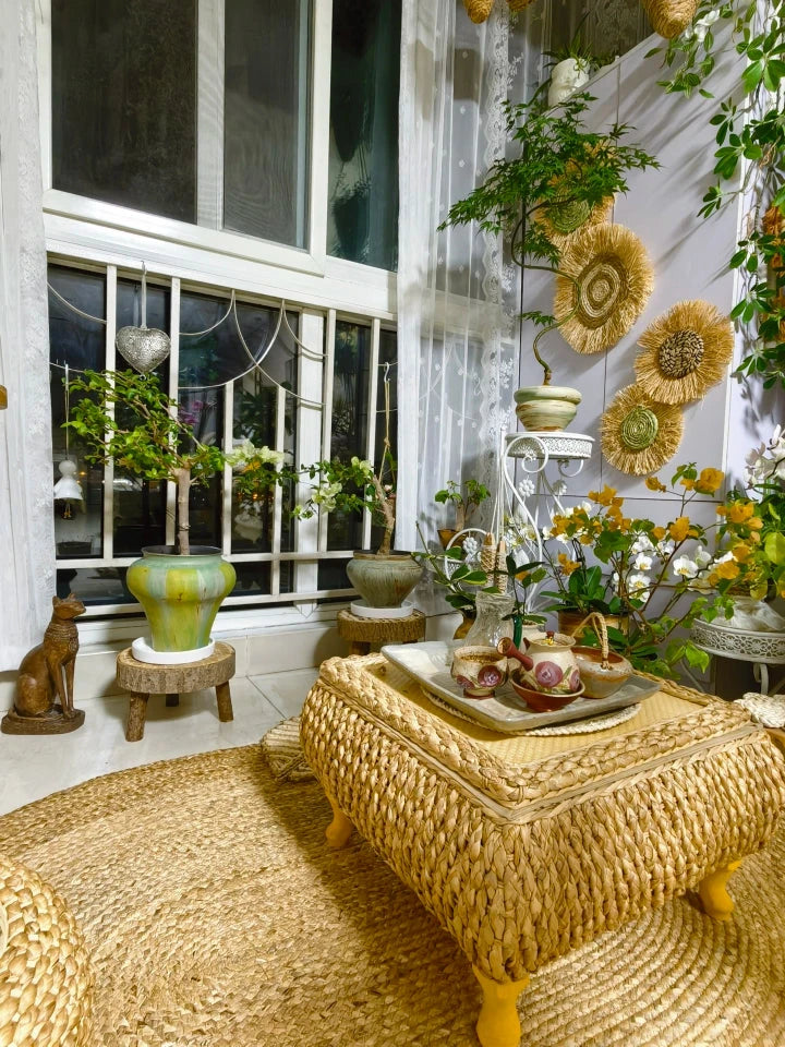 Rattan Floor Tea Table Tatami Style Minimalist Coffee Table for Balcony Low Bedside Small Space Window Area Use Manwatstore