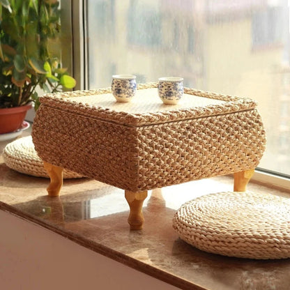 Rattan Floor Tea Table Tatami Style Minimalist Coffee Table for Balcony Low Bedside Small Space Window Area Use Manwatstore