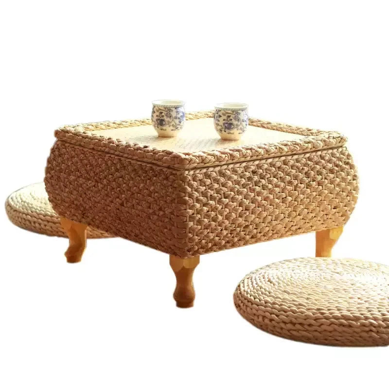 Rattan Floor Tea Table Tatami Style Minimalist Coffee Table for Balcony Low Bedside Small Space Window Area Use Manwatstore