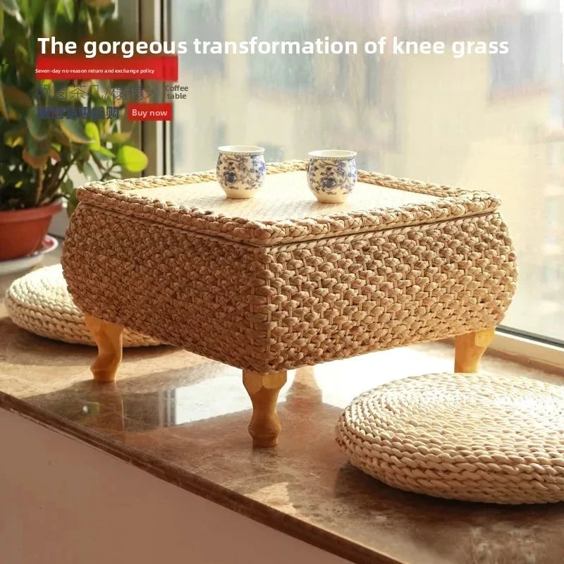 Rattan Floor Tea Table Tatami Style Minimalist Coffee Table for Balcony Low Bedside Small Space Window Area Use Manwatstore