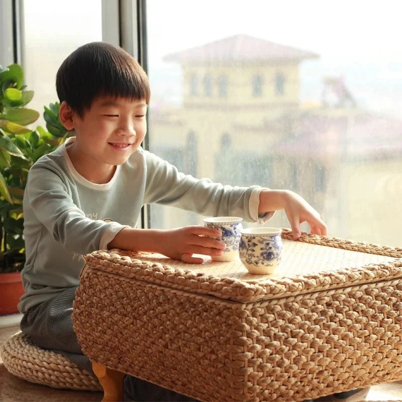 Rattan Floor Tea Table Tatami Style Minimalist Coffee Table for Balcony Low Bedside Small Space Window Area Use Manwatstore