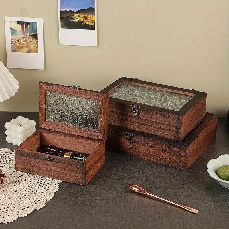 Retro Crabapple Flower Glass-Covered Solid Wood Storage Box – Dust-Proof Keepsake & Home Organizer Manwatstore