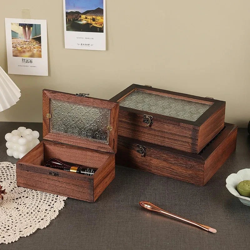 Retro Crabapple Flower Glass-Covered Solid Wood Storage Box – Dust-Proof Keepsake & Home Organizer Manwatstore