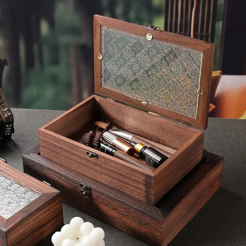 Retro Crabapple Flower Glass-Covered Solid Wood Storage Box – Dust-Proof Keepsake & Home Organizer Manwatstore