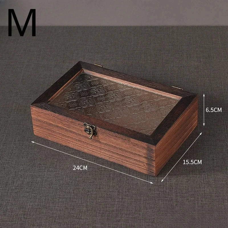 Retro Crabapple Flower Glass-Covered Solid Wood Storage Box – Dust-Proof Keepsake & Home Organizer Manwatstore