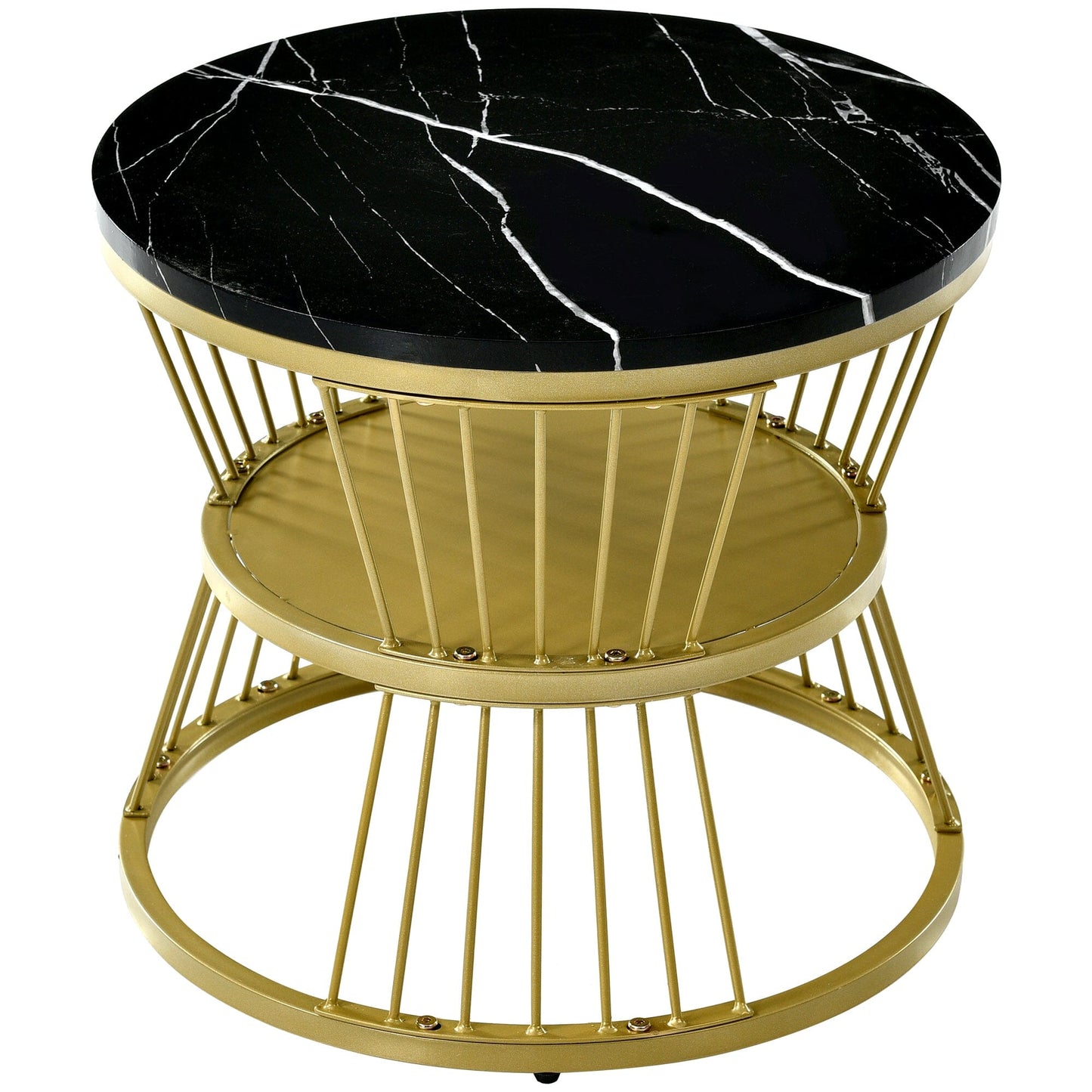Round Coffee Tables, Removable Set Of 2 End Table, Nesting Tables With Gold Metal Frame Legs And Marble Pattern Top For Living Room, Bedroom, Office, Balcony, Apartment 0 Manwatstore