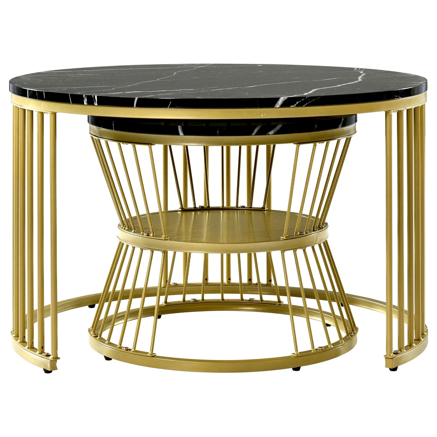 Round Coffee Tables, Removable Set Of 2 End Table, Nesting Tables With Gold Metal Frame Legs And Marble Pattern Top For Living Room, Bedroom, Office, Balcony, Apartment 0 Manwatstore