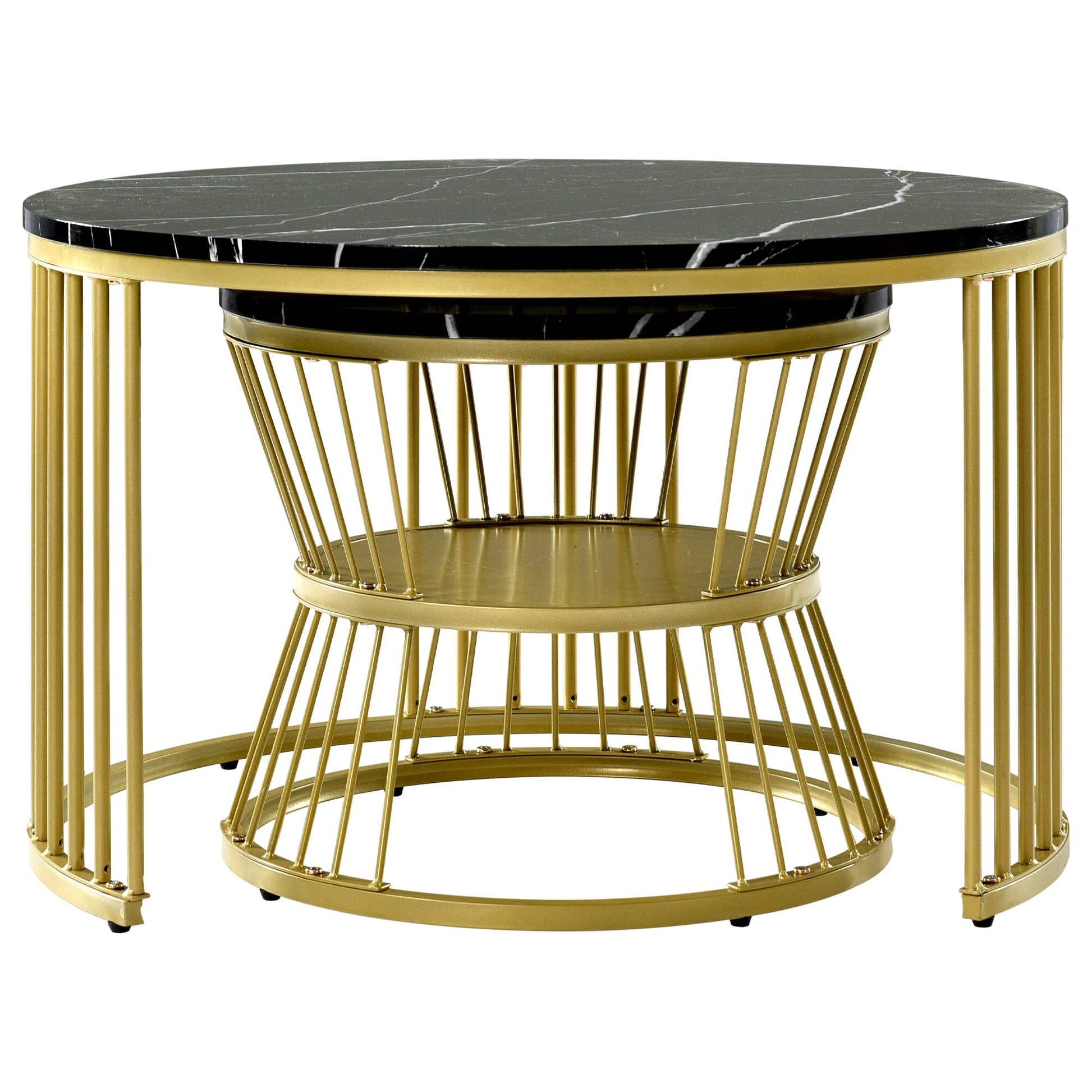 Round Coffee Tables, Removable Set Of 2 End Table, Nesting Tables With Gold Metal Frame Legs And Marble Pattern Top For Living Room, Bedroom, Office, Balcony, Apartment 0 Manwatstore