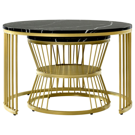 Round Coffee Tables, Removable Set Of 2 End Table, Nesting Tables With Gold Metal Frame Legs And Marble Pattern Top For Living Room, Bedroom, Office, Balcony, Apartment 0 Manwatstore