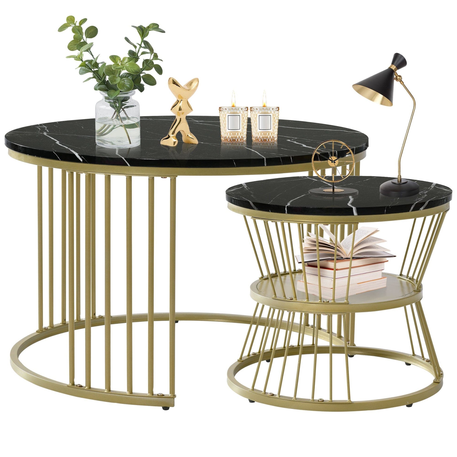 Round Coffee Tables, Removable Set Of 2 End Table, Nesting Tables With Gold Metal Frame Legs And Marble Pattern Top For Living Room, Bedroom, Office, Balcony, Apartment 0 Manwatstore