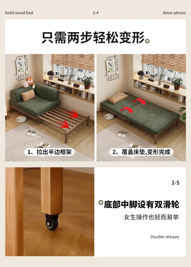 Solid Wood Folding Sofa Bed – Multifunctional Single Pull-Out Bed Manwatstore