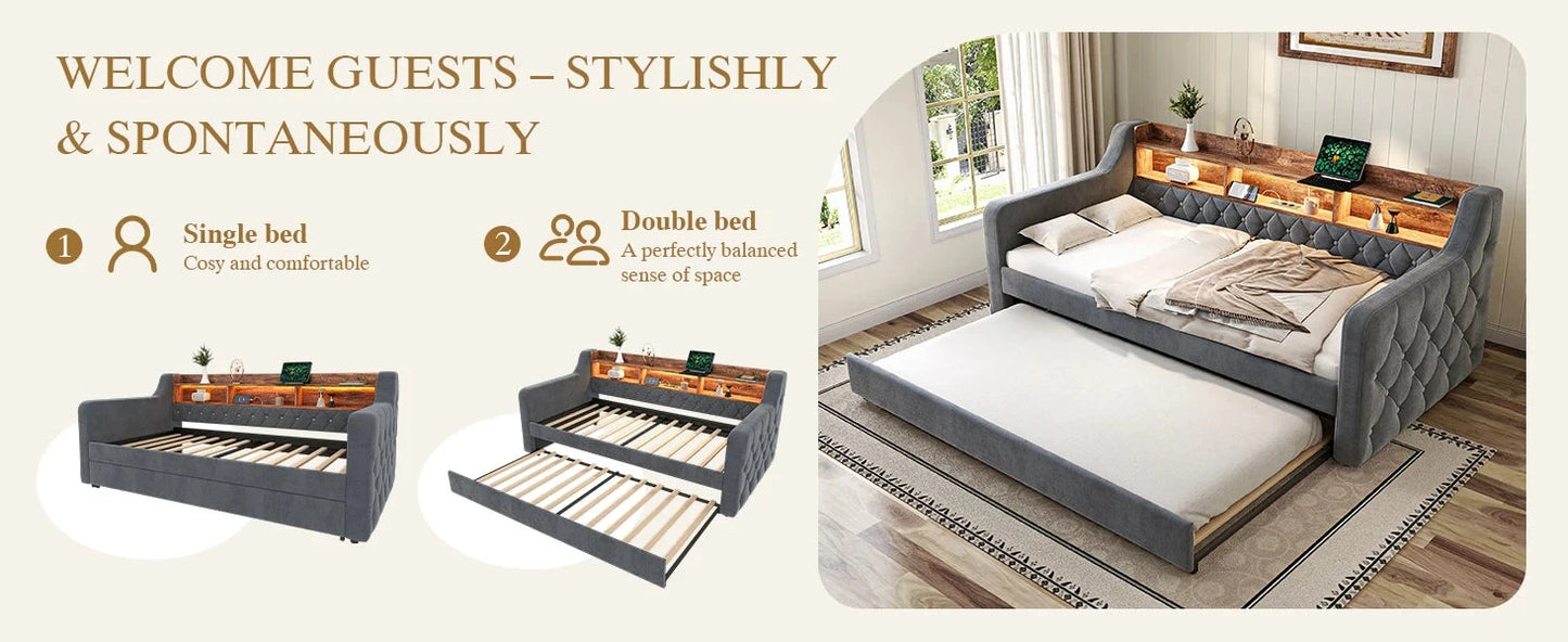 Space-Saving Velvet Sofa Bed 90×190 cm with Storage – Single Daybed Frame (No Mattress) Manwatstore
