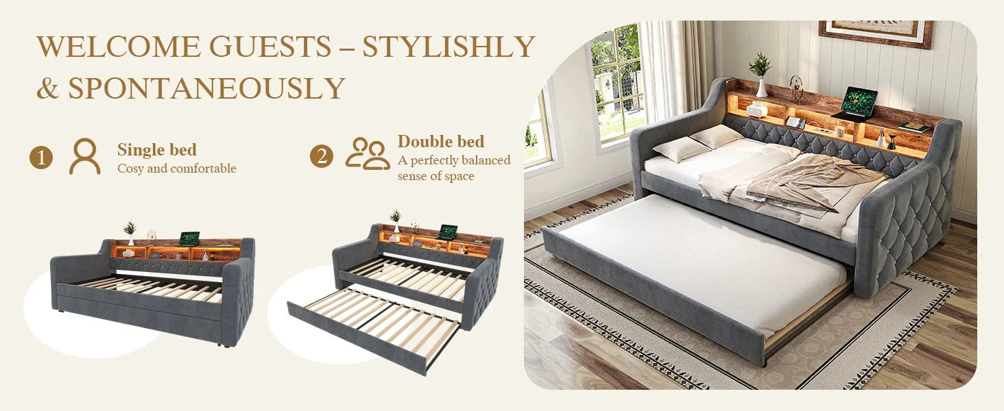 Space-Saving Velvet Sofa Bed 90×190 cm with Storage – Single Daybed Frame (No Mattress) Manwatstore