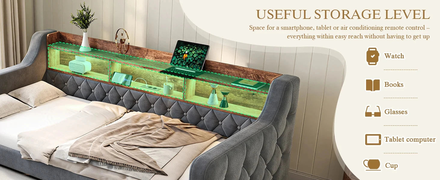 Space-Saving Velvet Sofa Bed 90×190 cm with Storage – Single Daybed Frame (No Mattress) Manwatstore