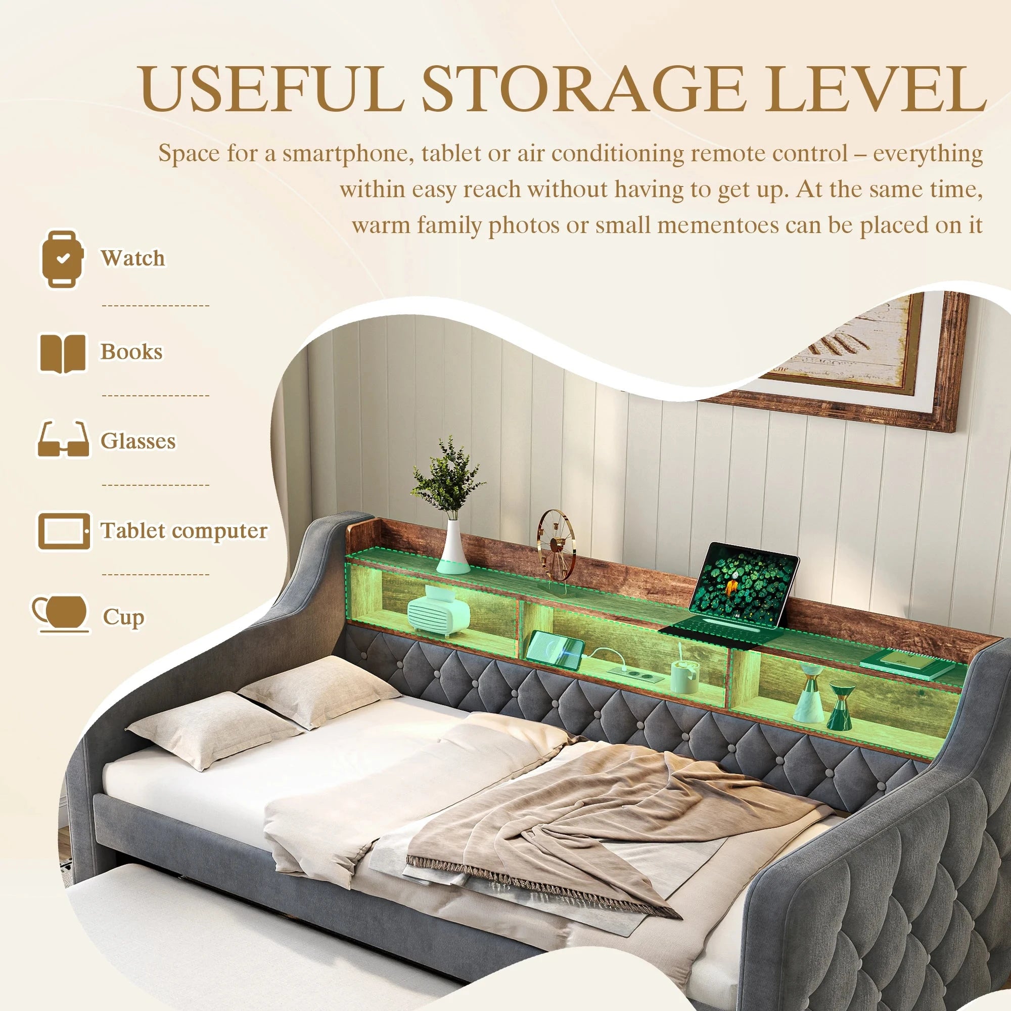 Space-Saving Velvet Sofa Bed 90×190 cm with Storage – Single Daybed Frame (No Mattress) Manwatstore