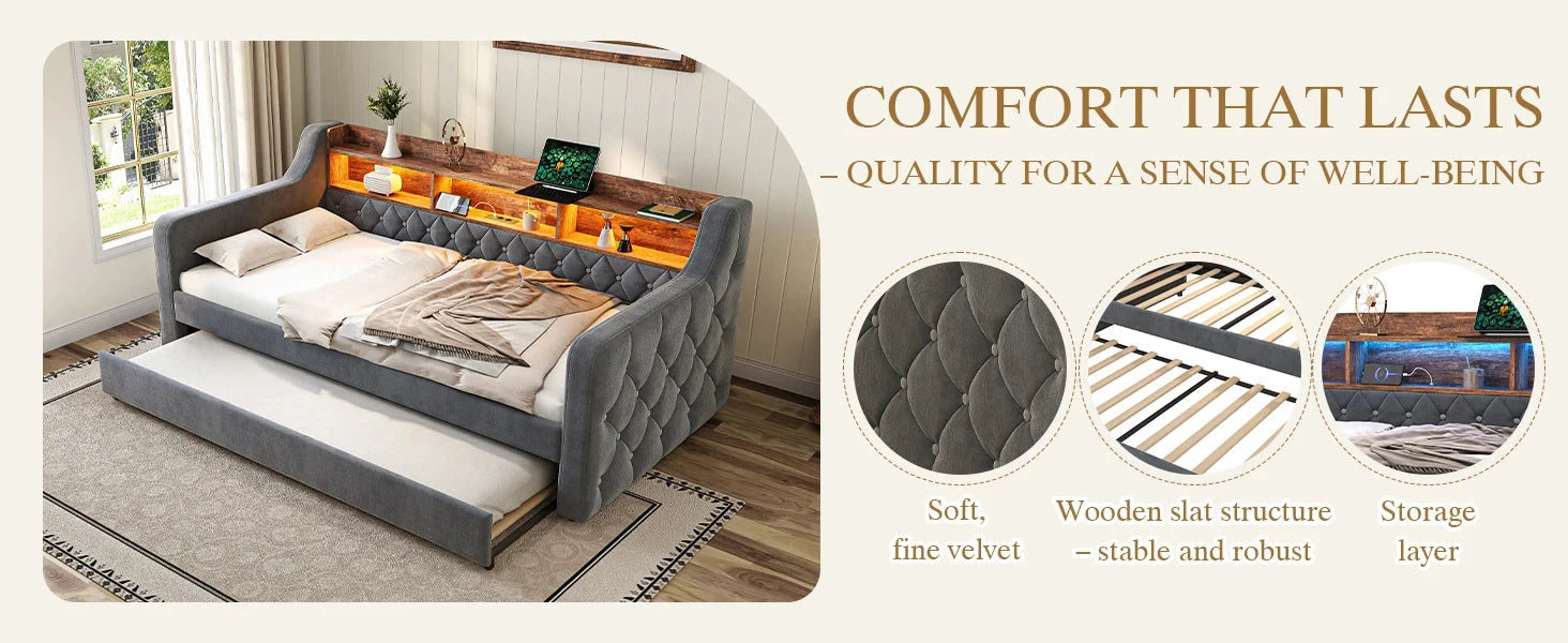 Space-Saving Velvet Sofa Bed 90×190 cm with Storage – Single Daybed Frame (No Mattress) Manwatstore