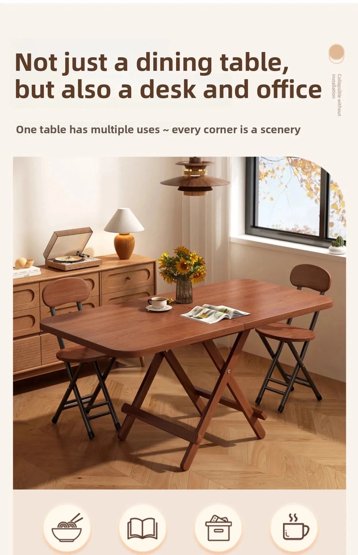 Sturdy Folding Dining Table - No Assembly Needed, Strong Stable Desk for Kitchen, Study & Office, round dining table,small table Manwatstore