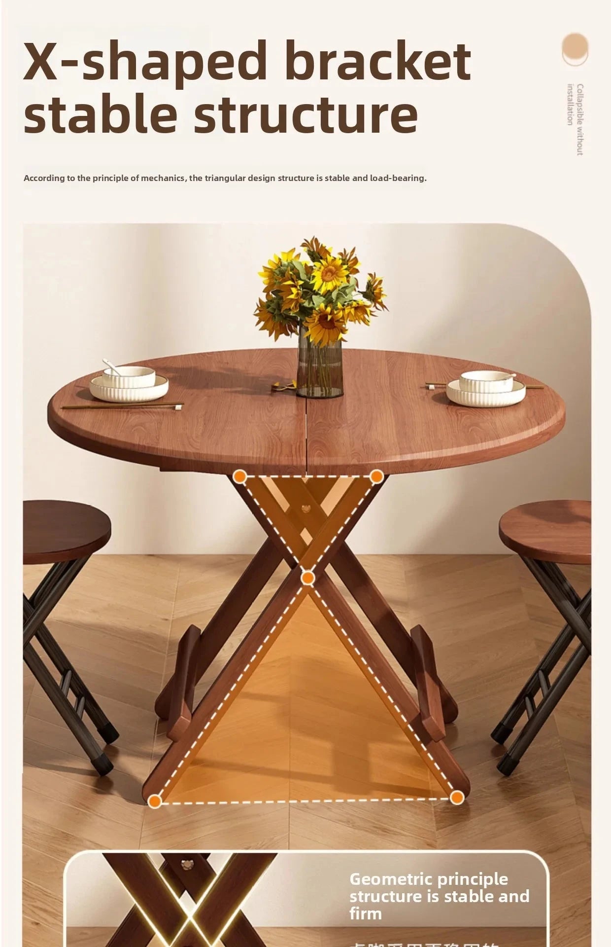 Sturdy Folding Dining Table - No Assembly Needed, Strong Stable Desk for Kitchen, Study & Office, round dining table,small table Manwatstore