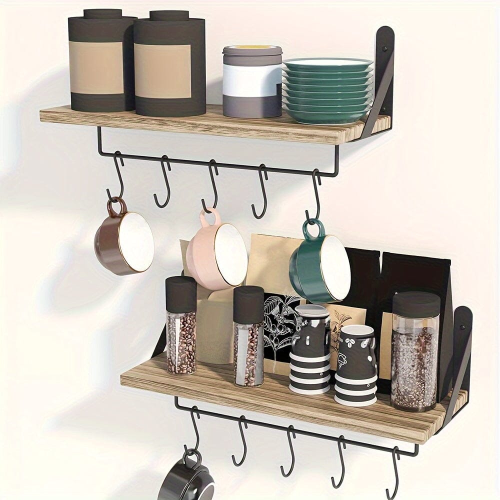 Superlele 2pcs Kitchen Floating Wall Shelves With 10 Adjustable Hooks, Christmas Decoration, Coffee Cup Holder, Garage Organizer And Storage, Home Decor, For Coffee Nook, Mugs, Cooking Utensils, Garage Tools Storage, Rustic B Manwatstore