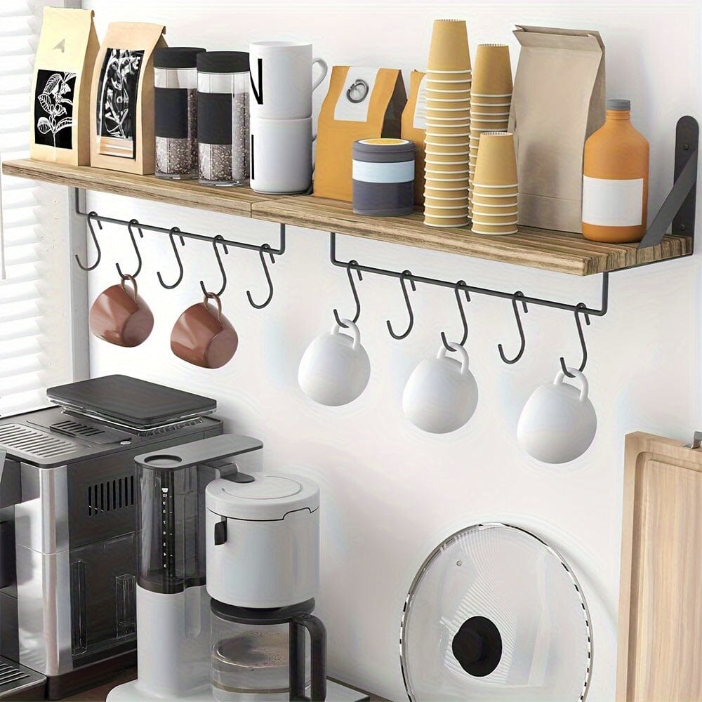 Superlele 2pcs Kitchen Floating Wall Shelves With 10 Adjustable Hooks, Christmas Decoration, Coffee Cup Holder, Garage Organizer And Storage, Home Decor, For Coffee Nook, Mugs, Cooking Utensils, Garage Tools Storage, Rustic B Manwatstore