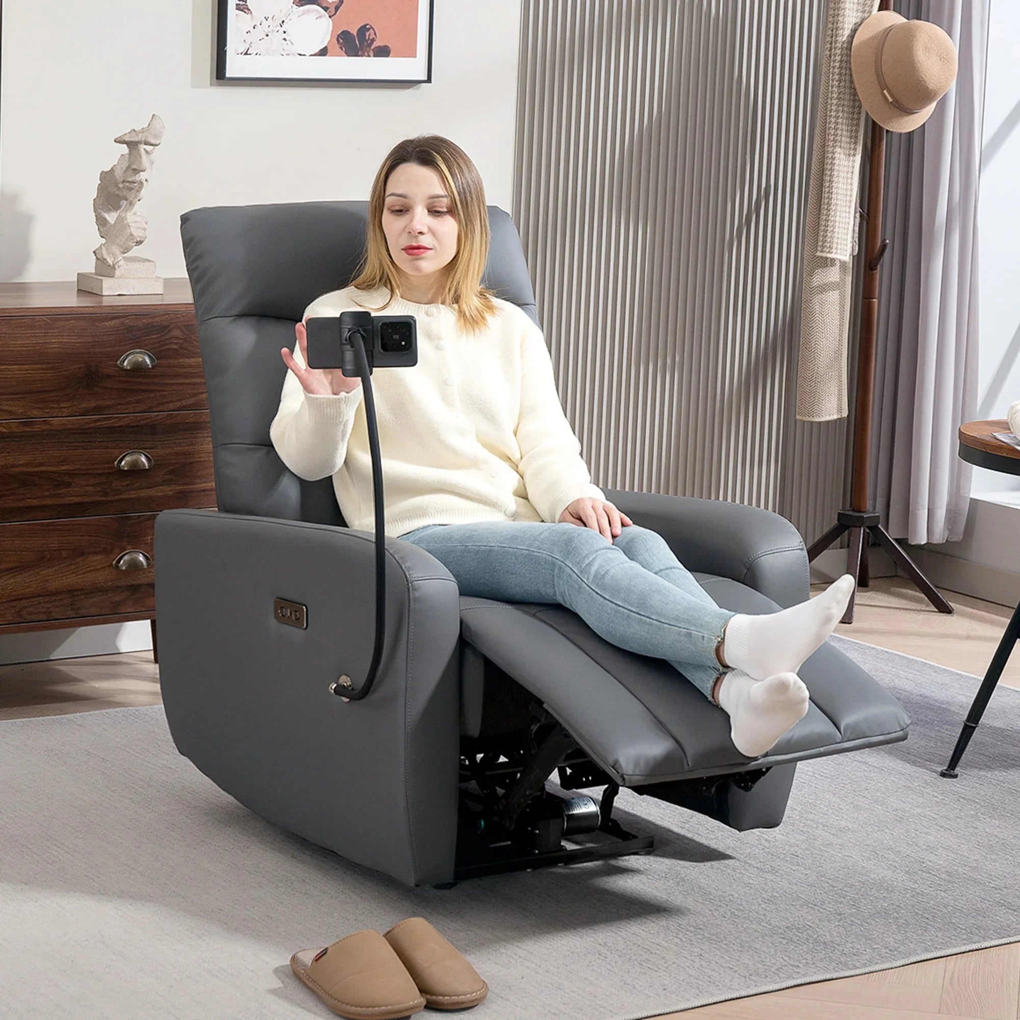 TechLounge Electric Recliner Chair with Phone Holder &amp; USB Charging – Grey Manwatstore