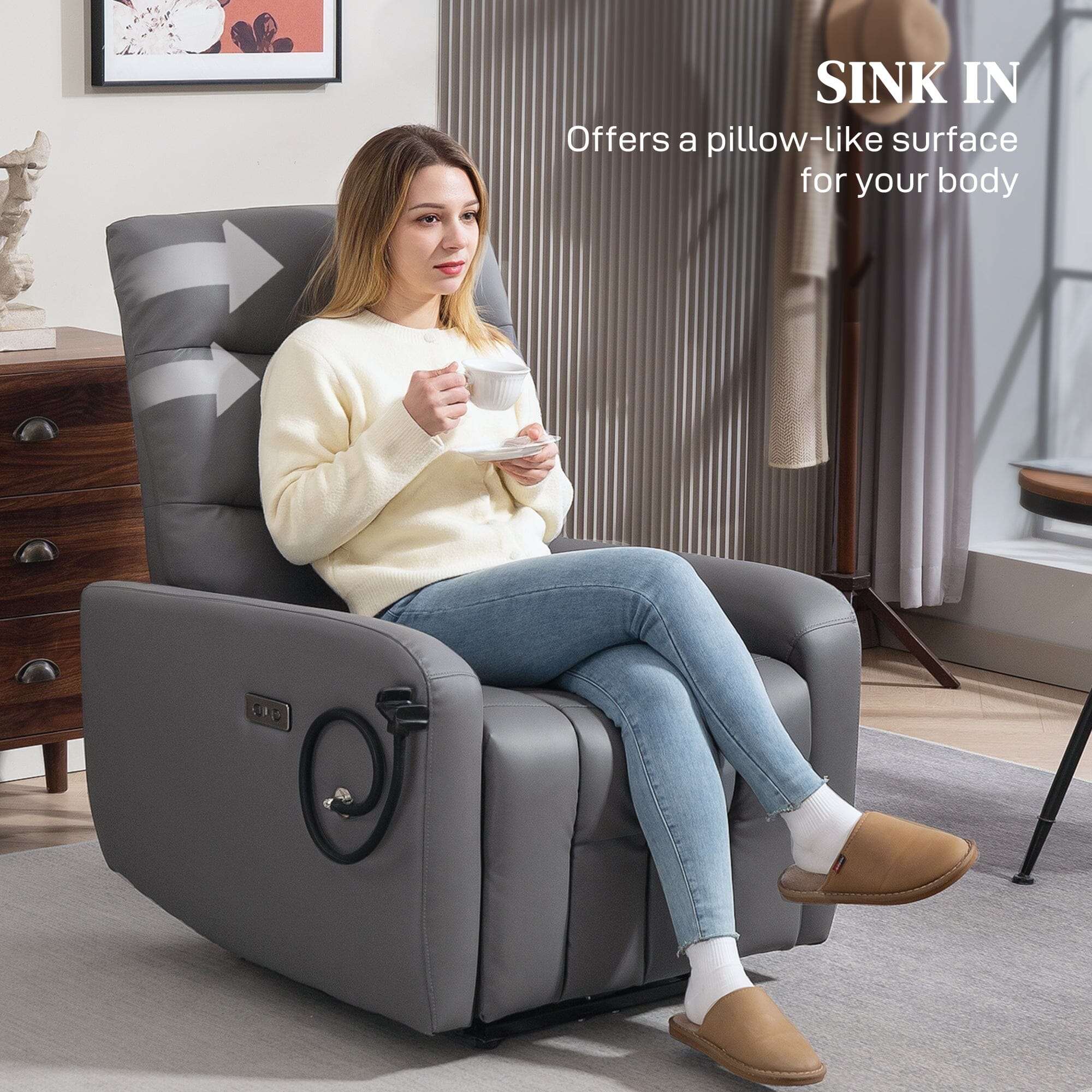 TechLounge Electric Recliner Chair with Phone Holder &amp; USB Charging – Grey Manwatstore