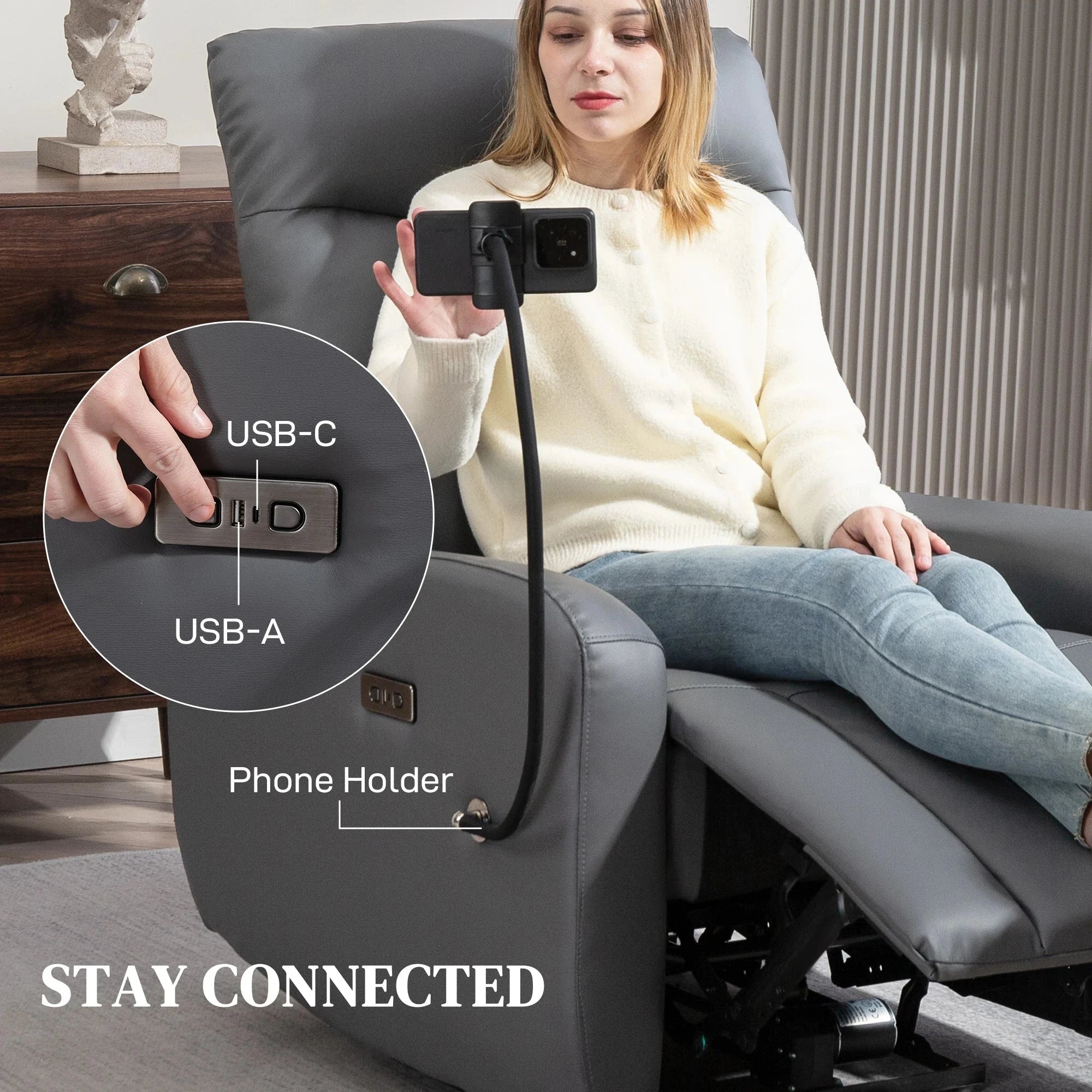 TechLounge Electric Recliner Chair with Phone Holder &amp; USB Charging – Grey Manwatstore