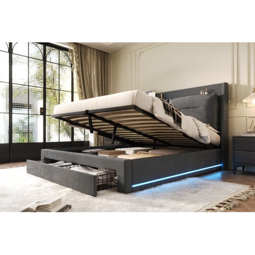 Upholstered Bed, 135x190 4ft6, Double Bed, Hydraulic Bed, 2-in-1 Storage Drawers At The End Of The Bed, Recessed LED Light Strips On Both Sides Of The Bed, Slatted Frame, Velvet,Dark Gray bedroom set Manwatstore