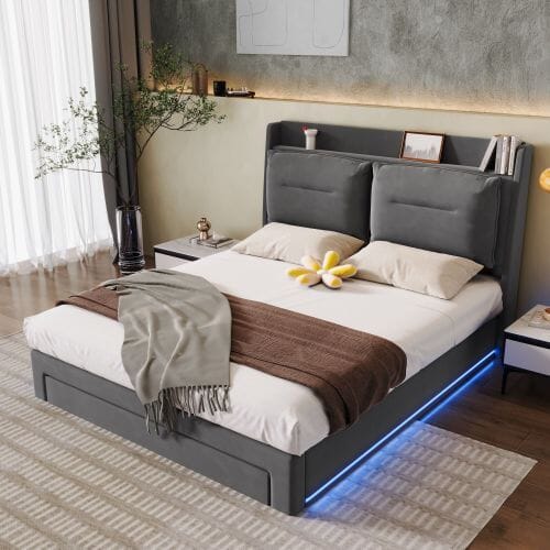 Upholstered Bed, 135x190 4ft6, Double Bed, Hydraulic Bed, 2-in-1 Storage Drawers At The End Of The Bed, Recessed LED Light Strips On Both Sides Of The Bed, Slatted Frame, Velvet,Dark Gray bedroom set Manwatstore