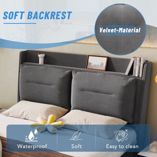 Upholstered Bed, 135x190 4ft6, Double Bed, Hydraulic Bed, 2-in-1 Storage Drawers At The End Of The Bed, Recessed LED Light Strips On Both Sides Of The Bed, Slatted Frame, Velvet,Dark Gray bedroom set Manwatstore