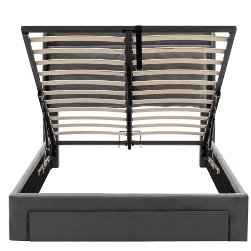 Upholstered Bed, 135x190 4ft6, Double Bed, Hydraulic Bed, 2-in-1 Storage Drawers At The End Of The Bed, Recessed LED Light Strips On Both Sides Of The Bed, Slatted Frame, Velvet,Dark Gray bedroom set Manwatstore