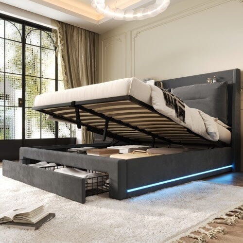 Upholstered Bed, 135x190 4ft6, Double Bed, Hydraulic Bed, 2-in-1 Storage Drawers At The End Of The Bed, Recessed LED Light Strips On Both Sides Of The Bed, Slatted Frame, Velvet,Dark Gray bedroom set Manwatstore