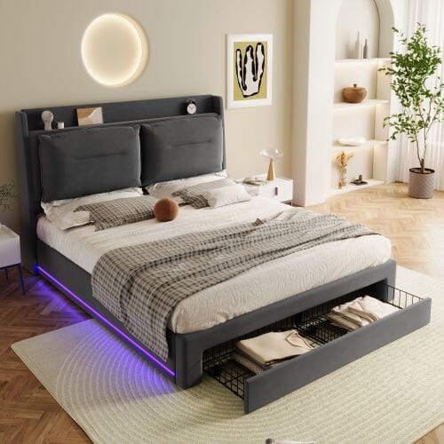 Upholstered Bed, 135x190 4ft6, Double Bed, Hydraulic Bed, 2-in-1 Storage Drawers At The End Of The Bed, Recessed LED Light Strips On Both Sides Of The Bed, Slatted Frame, Velvet,Dark Gray bedroom set Manwatstore