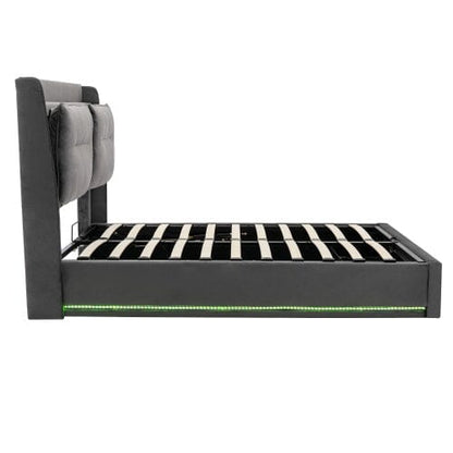 Upholstered Bed, 135x190 4ft6, Double Bed, Hydraulic Bed, 2-in-1 Storage Drawers At The End Of The Bed, Recessed LED Light Strips On Both Sides Of The Bed, Slatted Frame, Velvet,Dark Gray bedroom set Manwatstore