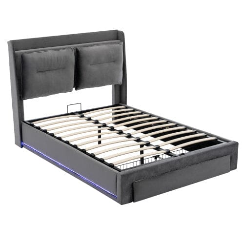 Upholstered Bed, 135x190 4ft6, Double Bed, Hydraulic Bed, 2-in-1 Storage Drawers At The End Of The Bed, Recessed LED Light Strips On Both Sides Of The Bed, Slatted Frame, Velvet,Dark Gray bedroom set Manwatstore