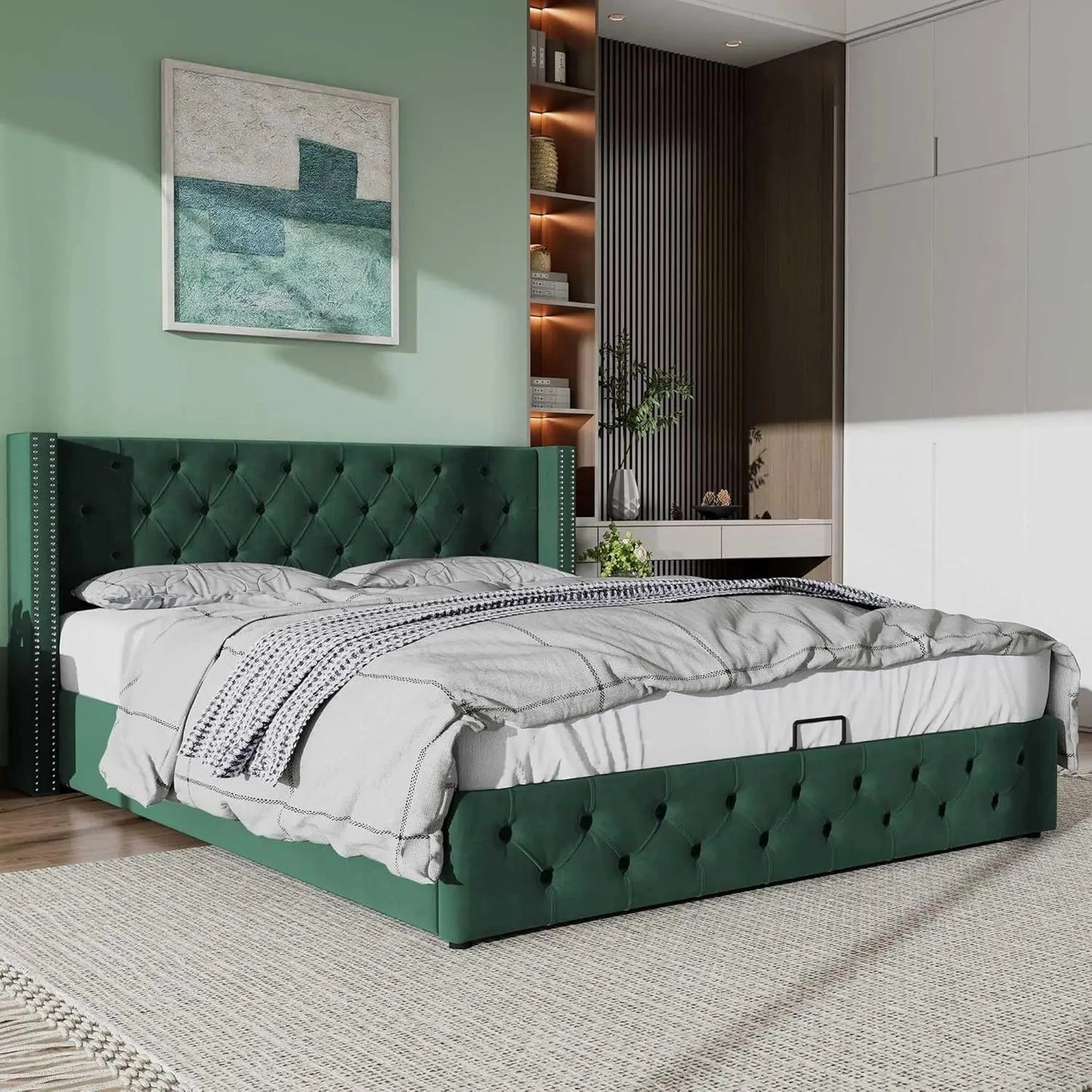 Upholstered Bed 135x190 with Hydraulic Lever Functional Bed from Storage Velvet (Green) Manwatstore