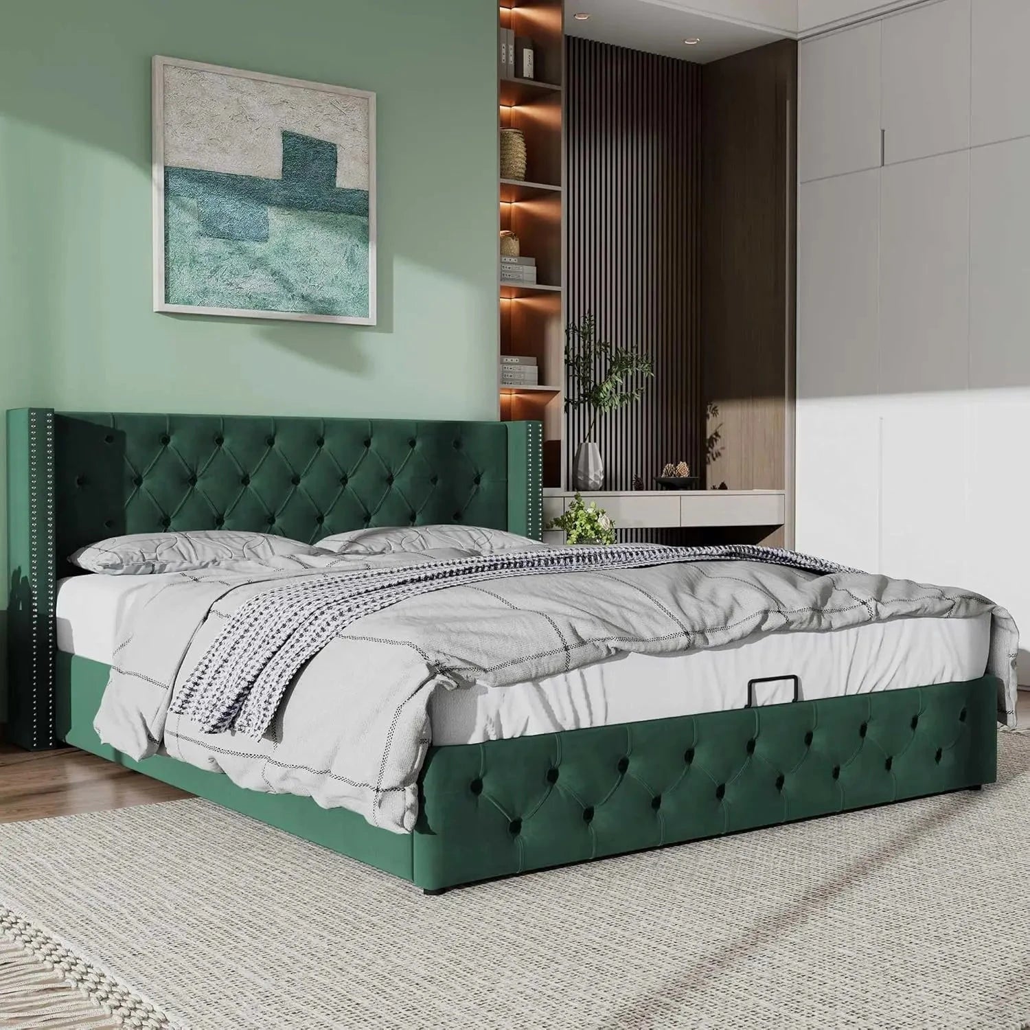 Upholstered Bed 135x190 with Hydraulic Lever Functional Bed from Storage Velvet (Green) Manwatstore