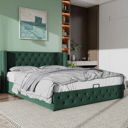 Upholstered Bed 135x190 with Hydraulic Lever Functional Bed from Storage Velvet (Green) Manwatstore