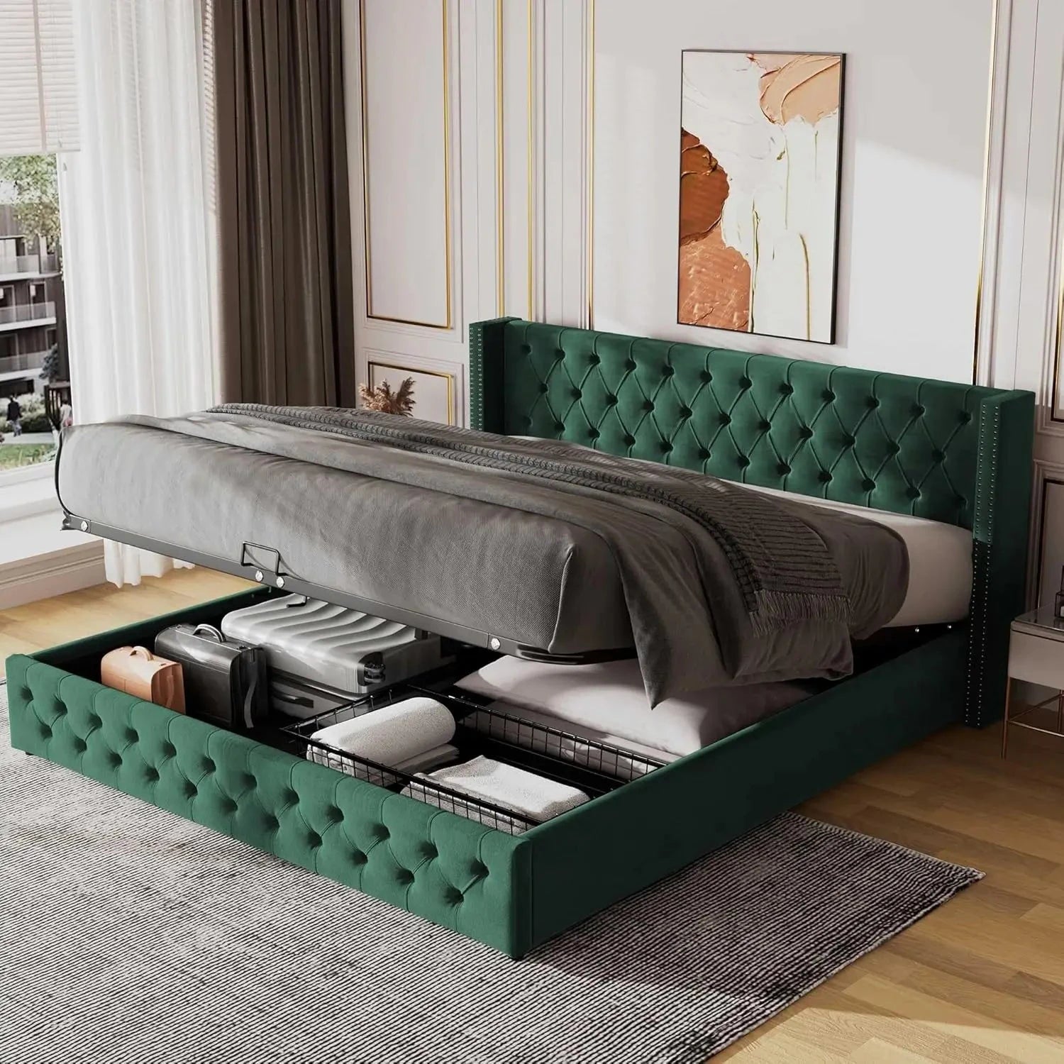 Upholstered Bed 135x190 with Hydraulic Lever Functional Bed from Storage Velvet (Green) Manwatstore