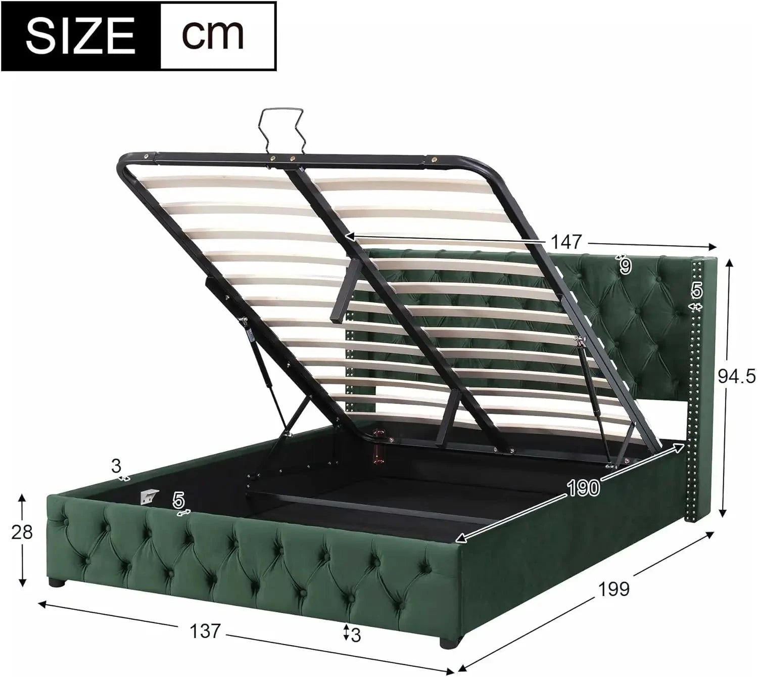 Upholstered Bed 135x190 with Hydraulic Lever Functional Bed from Storage Velvet (Green) Manwatstore