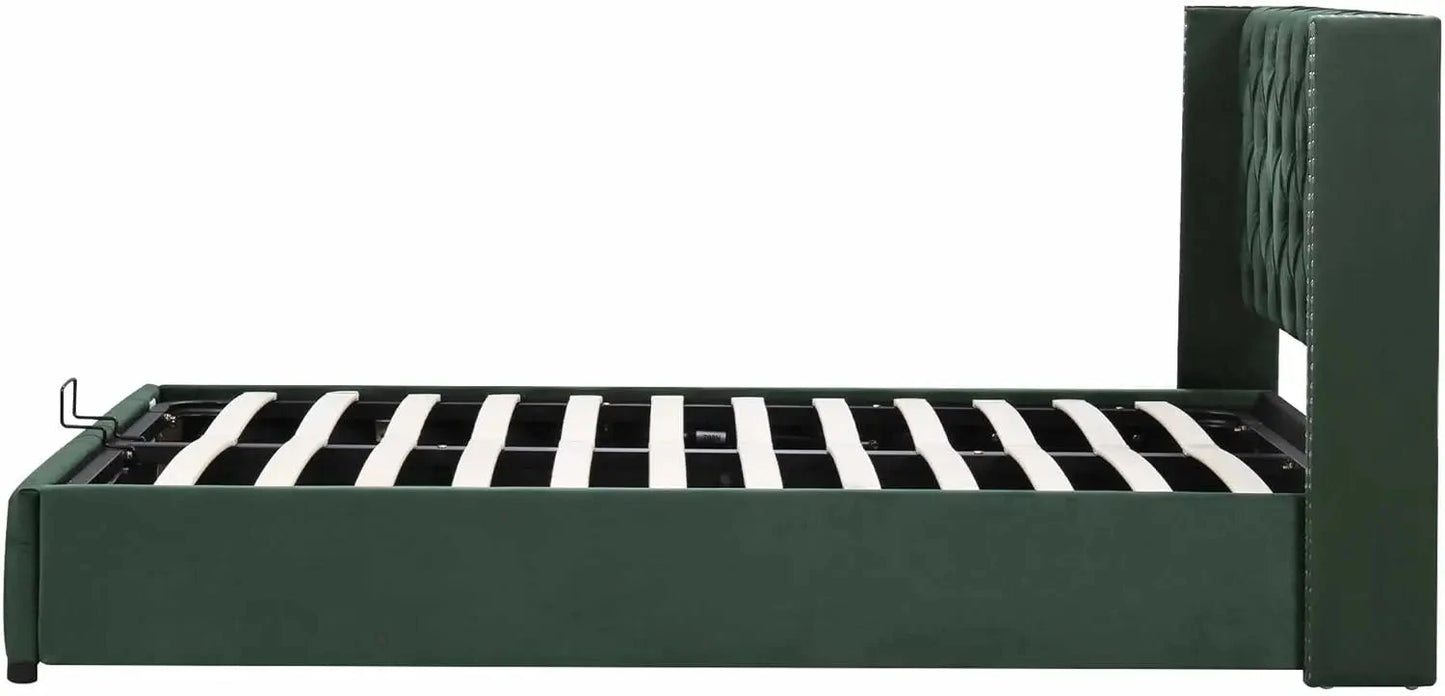 Upholstered Bed 135x190 with Hydraulic Lever Functional Bed from Storage Velvet (Green) Manwatstore