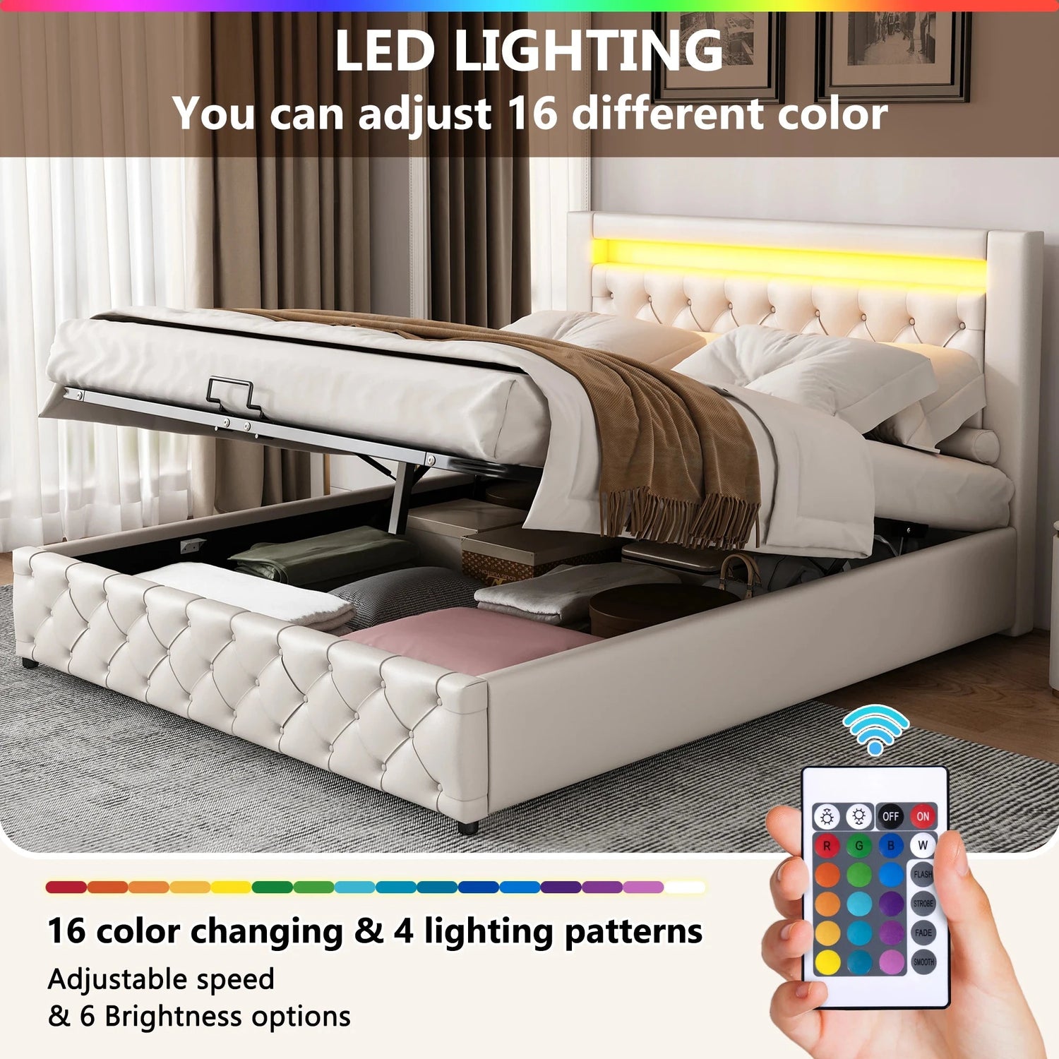 Upholstered Bed with Slatted Frame, Storage Space &amp; Multi-Color LED Lighting (PU Leather) Bed Manwatstore