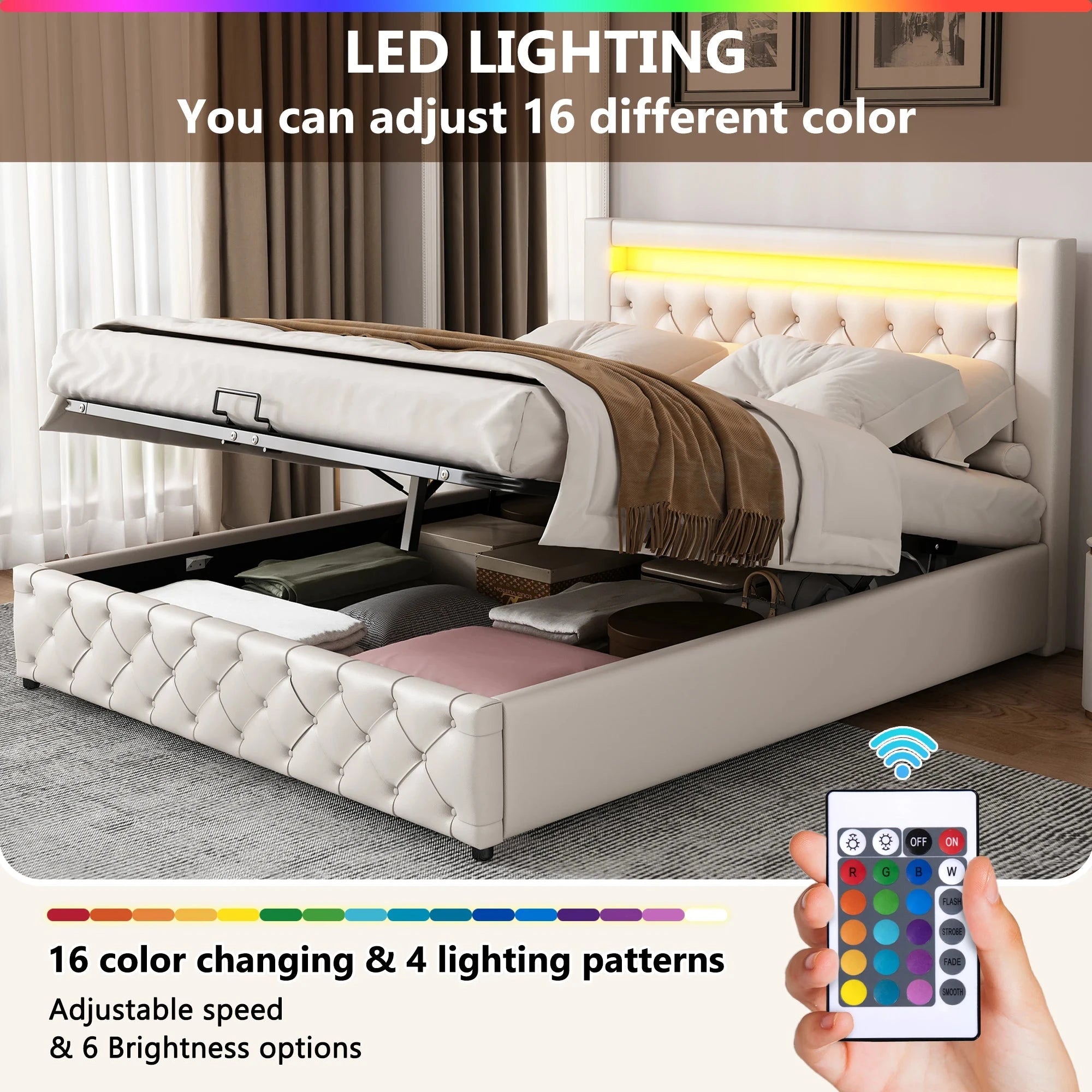 Upholstered Bed with Slatted Frame, Storage Space &amp; Multi-Color LED Lighting (PU Leather) Bed Manwatstore