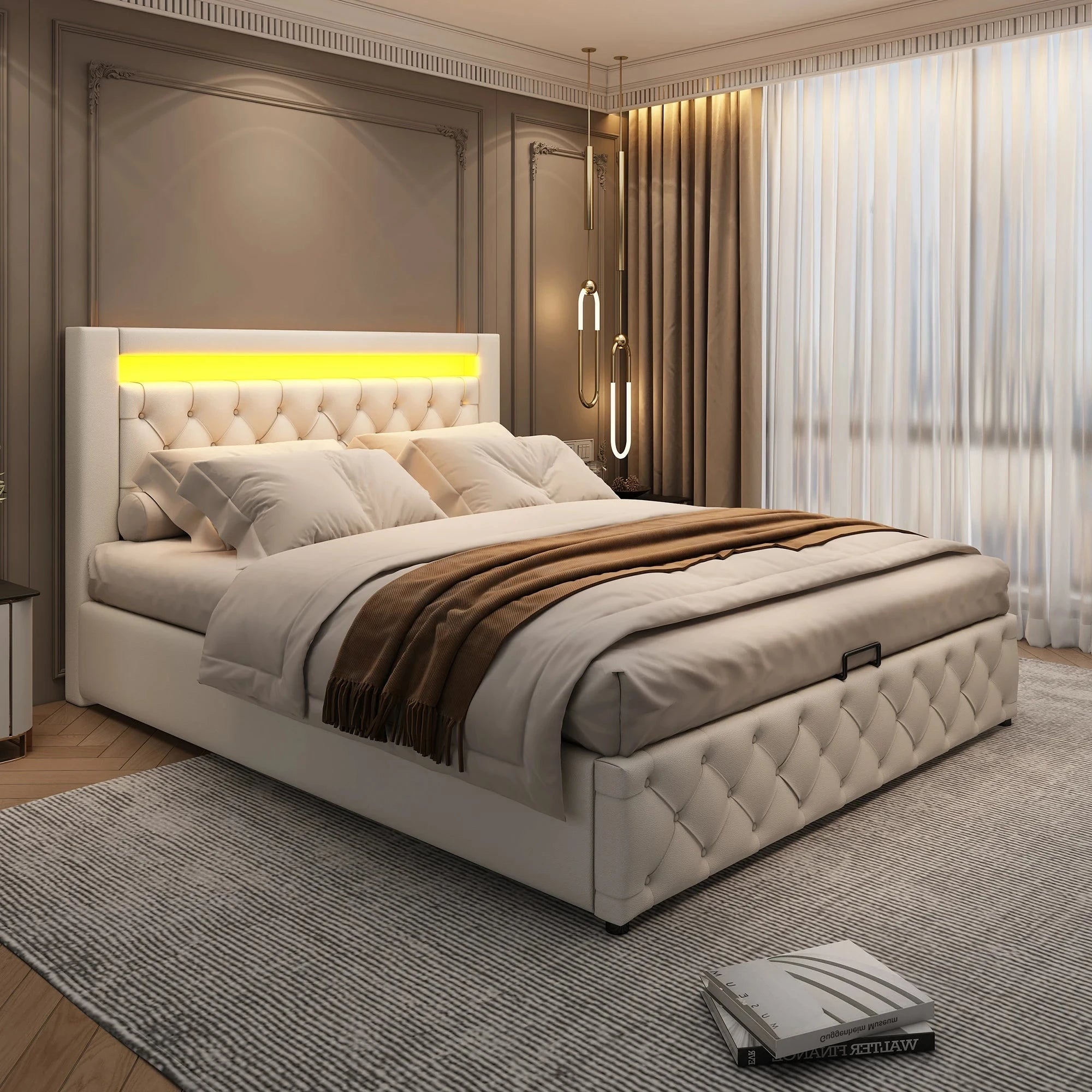 Upholstered Bed with Slatted Frame, Storage Space &amp; Multi-Color LED Lighting (PU Leather) Bed Manwatstore